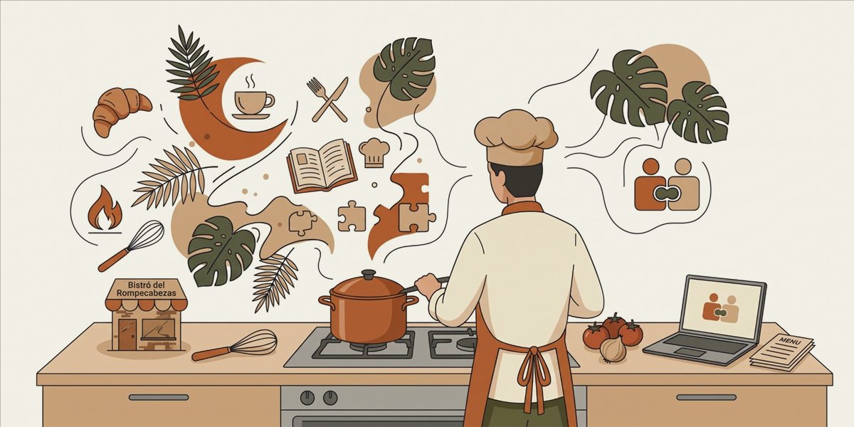 Un cocinero de espaldas revuelve una olla en la cocina de un local, rodeado de ilustraciones de hojas, utensilios y el logo de Voral en una notebook.